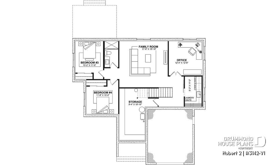 Finished basement (Optional $) - Classic bright bungalow house plan with fireplace, covered terrace, and 2 to 5 flexible bedrooms! - Hubert 2
