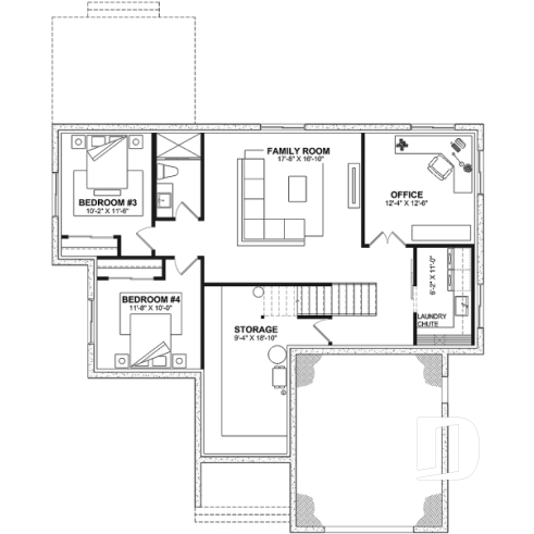 Finished basement (Optional $) - Classic bright bungalow house plan with fireplace, covered terrace, and 2 to 5 flexible bedrooms! - Hubert 2