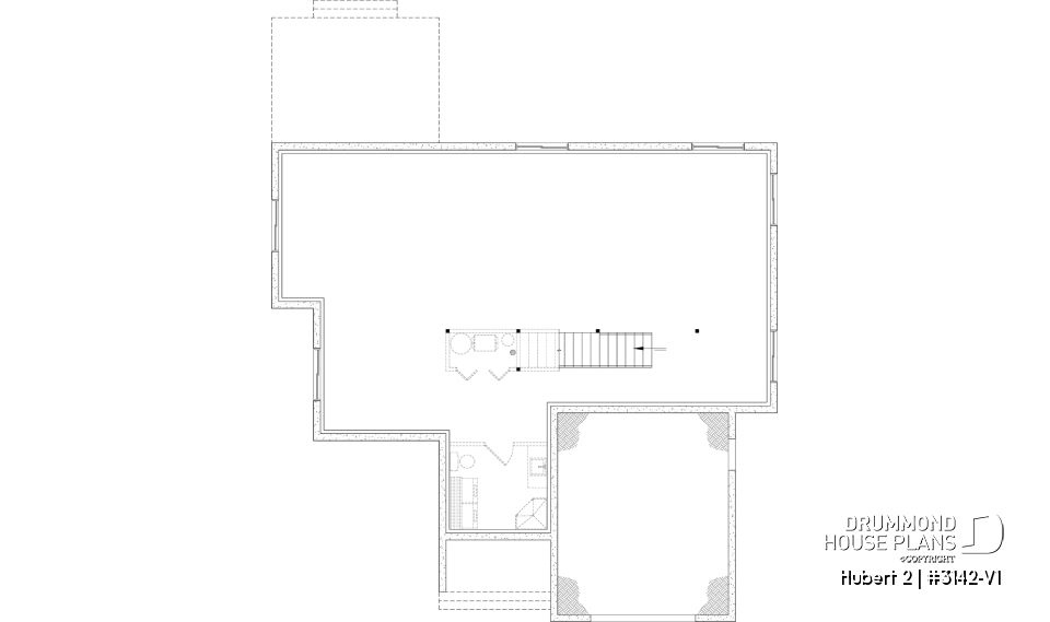 Unfinished basement - Classic bright bungalow house plan with fireplace, covered terrace, and 2 to 5 flexible bedrooms! - Hubert 2