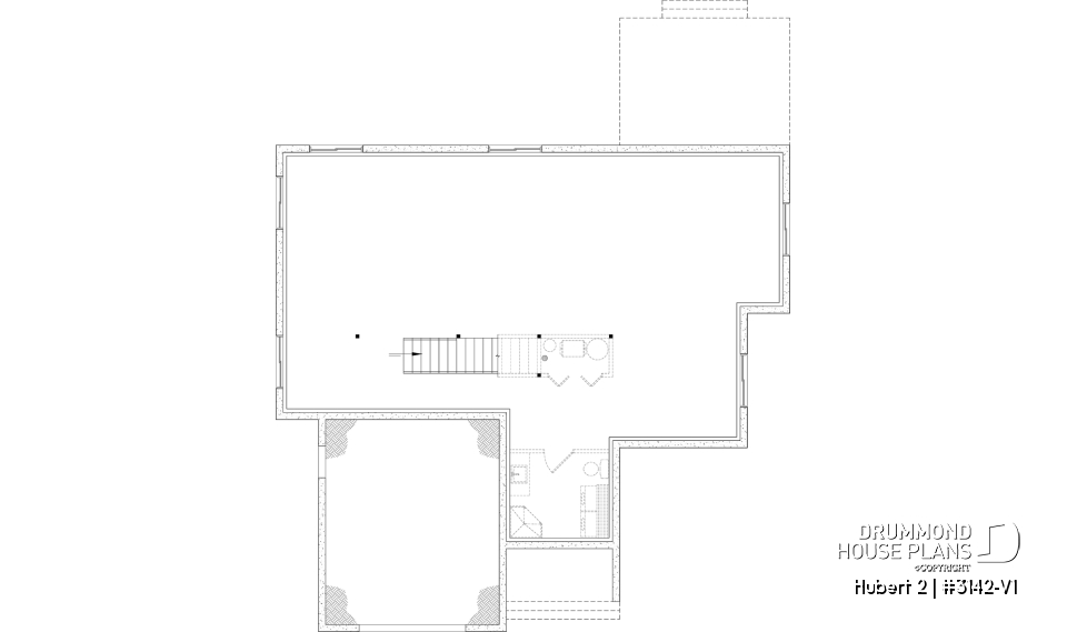 Unfinished basement - Classic bright bungalow house plan with fireplace, covered terrace, and 2 to 5 flexible bedrooms! - Hubert 2