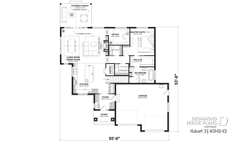1st level - Single-story home with double garage, spacious main-floor primary suite, STÛV wood-burning fireplace, and den - Hubert 3