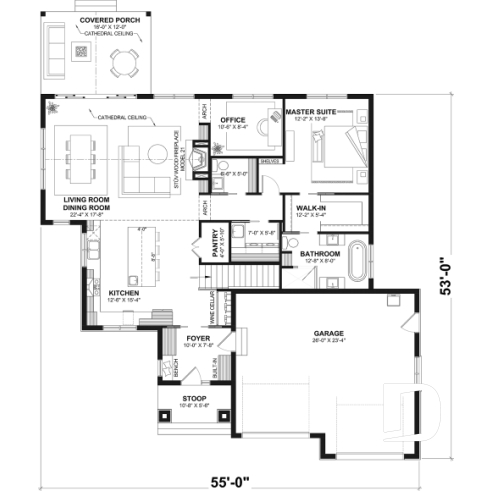 1st level - Single-story home with double garage, spacious main-floor primary suite, STÛV wood-burning fireplace, and den - Hubert 3