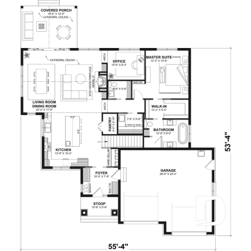 1st level - Single-story home with double garage, spacious main-floor primary suite, STÛV wood-burning fireplace, and den - Hubert 3