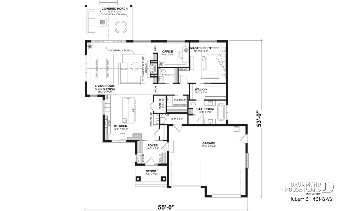1st level (Optional $) - Single-story home with double garage, spacious main-floor primary suite, STÛV wood-burning fireplace, and den - Hubert 3