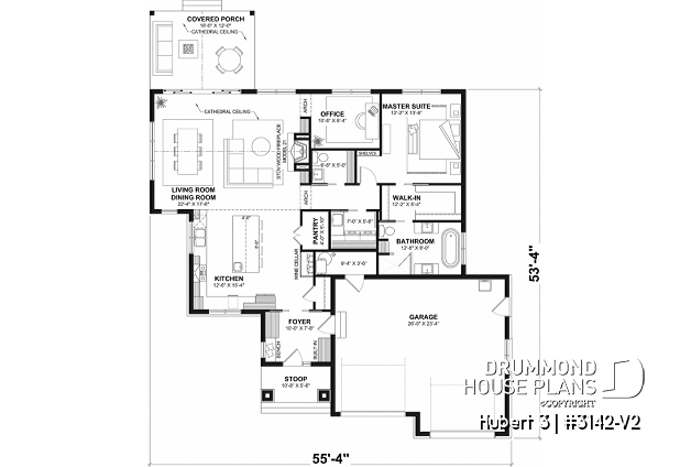 1st level (Optional $) - Single-story home with double garage, spacious main-floor primary suite, STÛV wood-burning fireplace, and den - Hubert 3