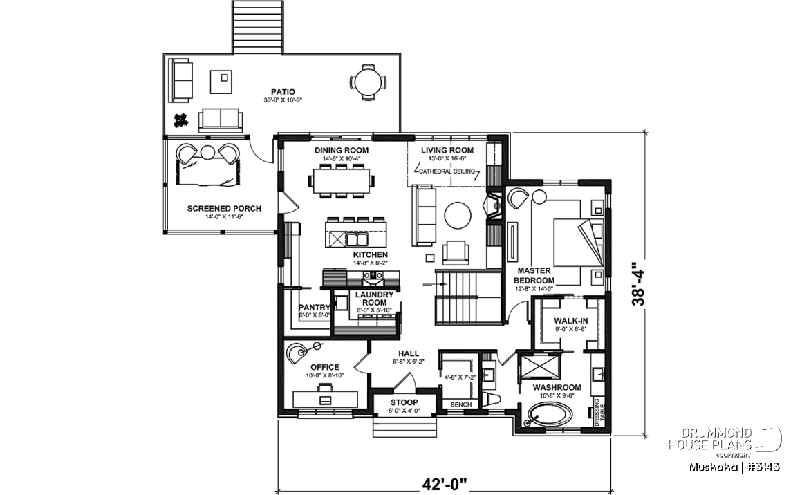 1st level - One-story farmhouse, 1 to 4 bedrooms, den, kitchen with pantry, cathedral ceiling, optional finished basement  - Muskoka