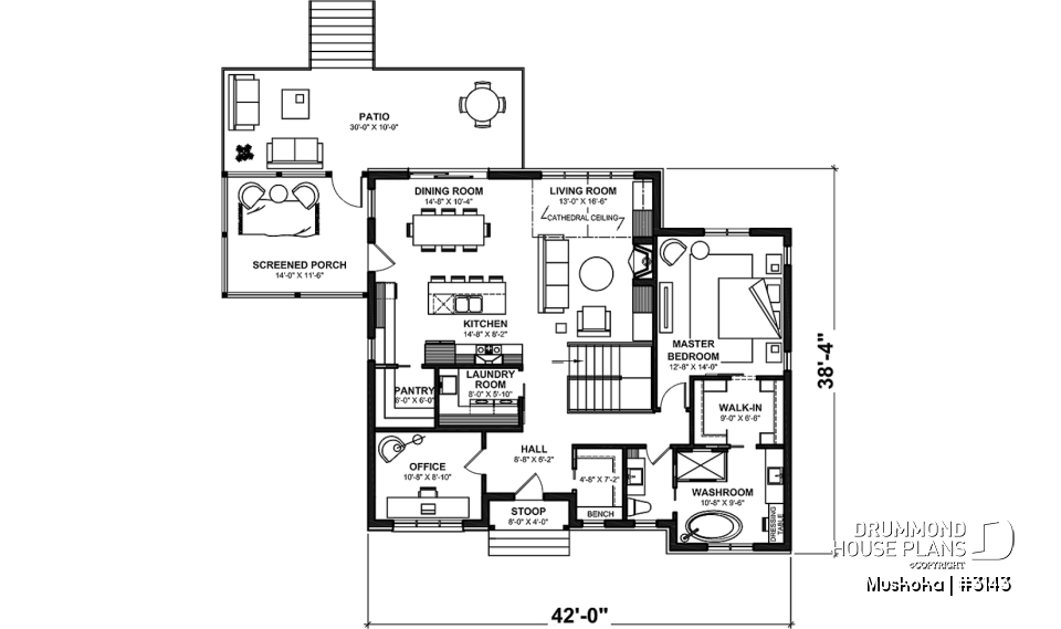 1st level - One-story farmhouse, 1 to 4 bedrooms, den, kitchen with pantry, cathedral ceiling, optional finished basement  - Muskoka