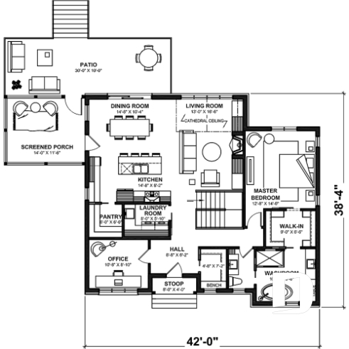 1st level - One-story farmhouse, 1 to 4 bedrooms, den, kitchen with pantry, cathedral ceiling, optional finished basement  - Muskoka
