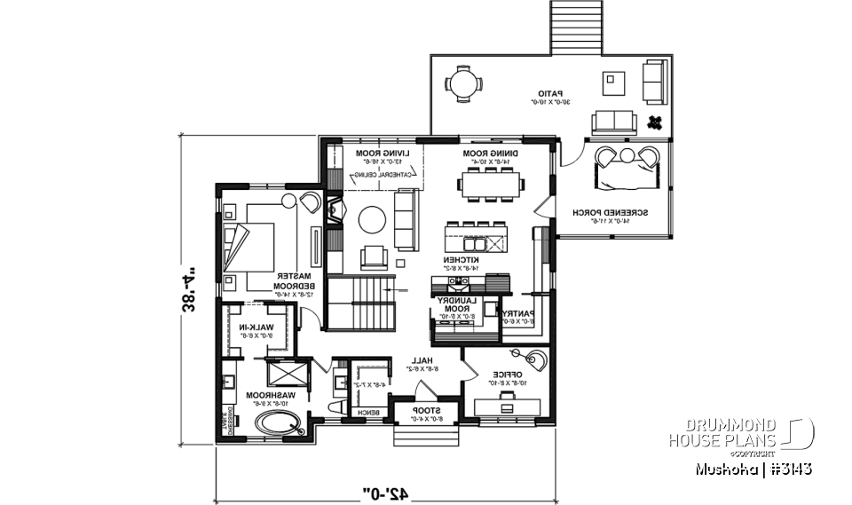 1st level - One-story farmhouse, 1 to 4 bedrooms, den, kitchen with pantry, cathedral ceiling, optional finished basement  - Muskoka