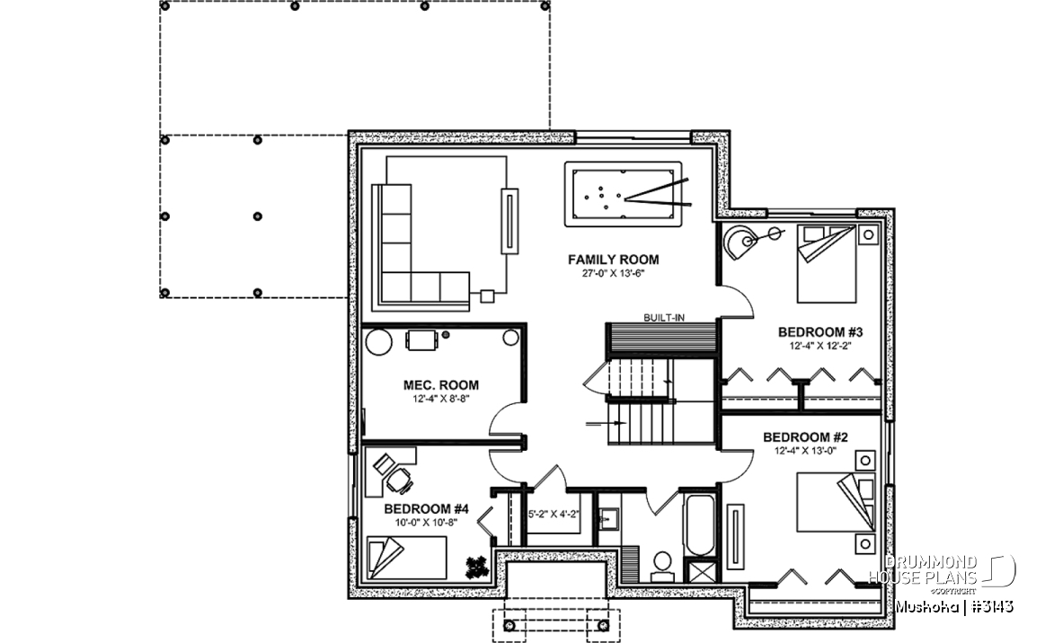 Finished basement (Optional $) - One-story farmhouse, 1 to 4 bedrooms, den, kitchen with pantry, cathedral ceiling, optional finished basement  - Muskoka