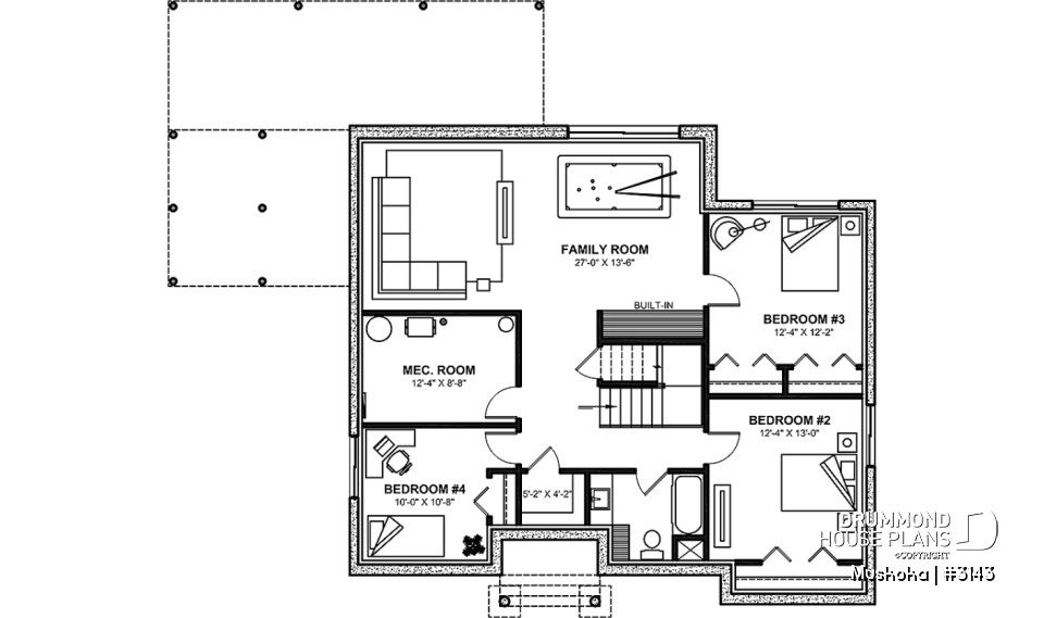 Finished basement (Optional $) - One-story farmhouse, 1 to 4 bedrooms, den, kitchen with pantry, cathedral ceiling, optional finished basement  - Muskoka