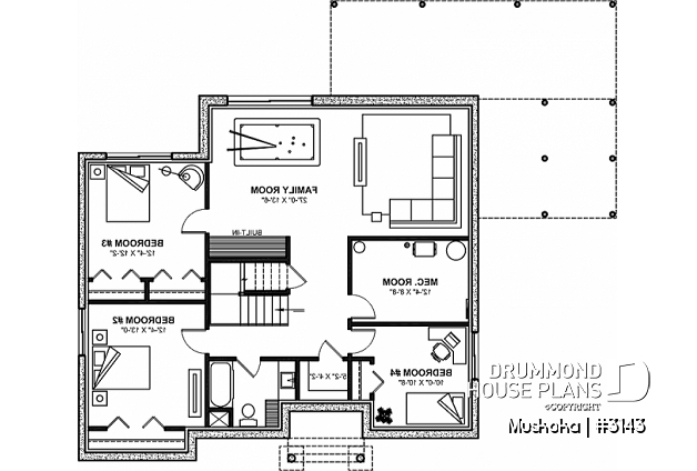 Finished basement (Optional $) - One-story farmhouse, 1 to 4 bedrooms, den, kitchen with pantry, cathedral ceiling - Muskoka