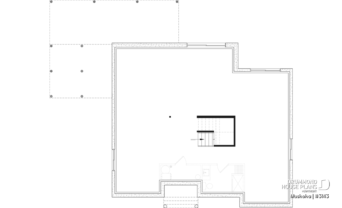 Unfinished basement - One-story farmhouse, 1 to 4 bedrooms, den, kitchen with pantry, cathedral ceiling, optional finished basement  - Muskoka