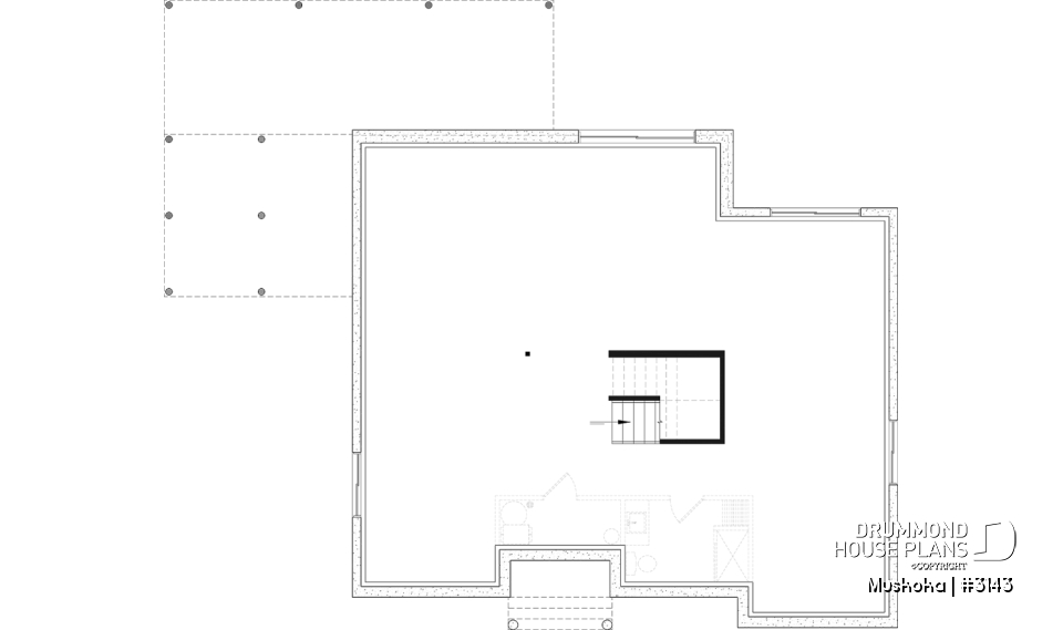 Unfinished basement - One-story farmhouse, 1 to 4 bedrooms, den, kitchen with pantry, cathedral ceiling, optional finished basement  - Muskoka