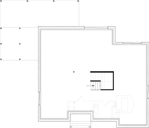 Unfinished basement - One-story farmhouse, 1 to 4 bedrooms, den, kitchen with pantry, cathedral ceiling, optional finished basement  - Muskoka