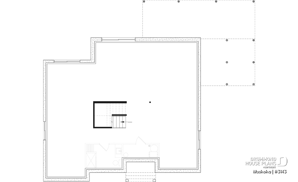 Unfinished basement - One-story farmhouse, 1 to 4 bedrooms, den, kitchen with pantry, cathedral ceiling, optional finished basement  - Muskoka