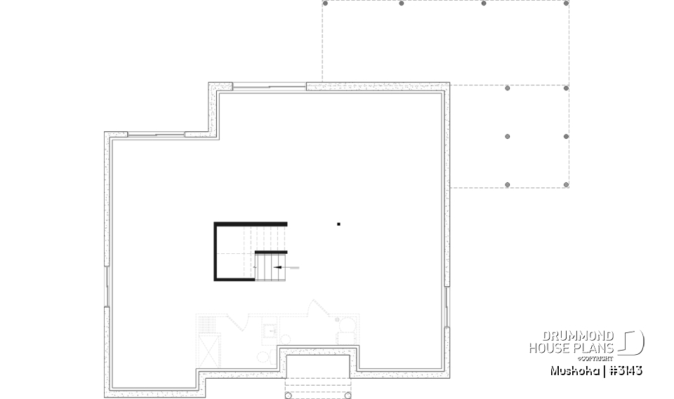 Unfinished basement - One-story farmhouse, 1 to 4 bedrooms, den, kitchen with pantry, cathedral ceiling, optional finished basement  - Muskoka
