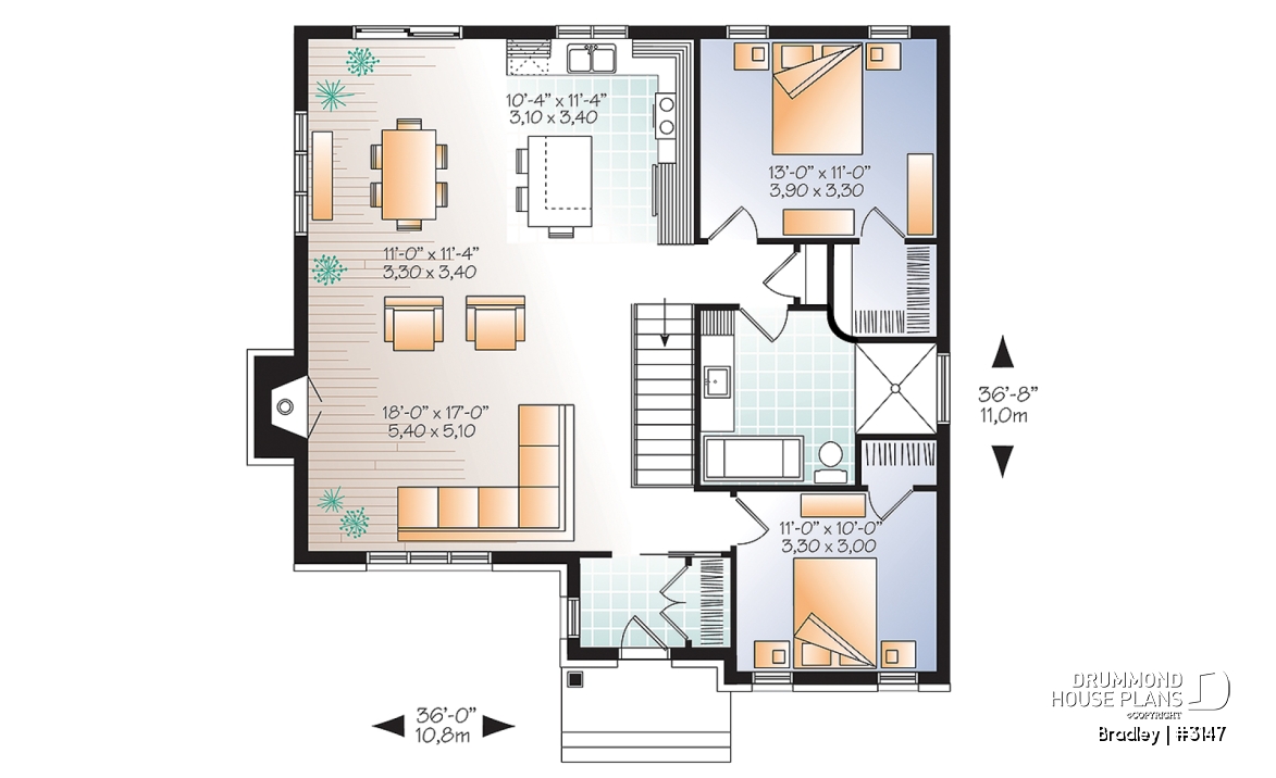 1st level - Small affordable modern ranch style house plan with open floor plan concept, kitchen island and fireplace - Bradley