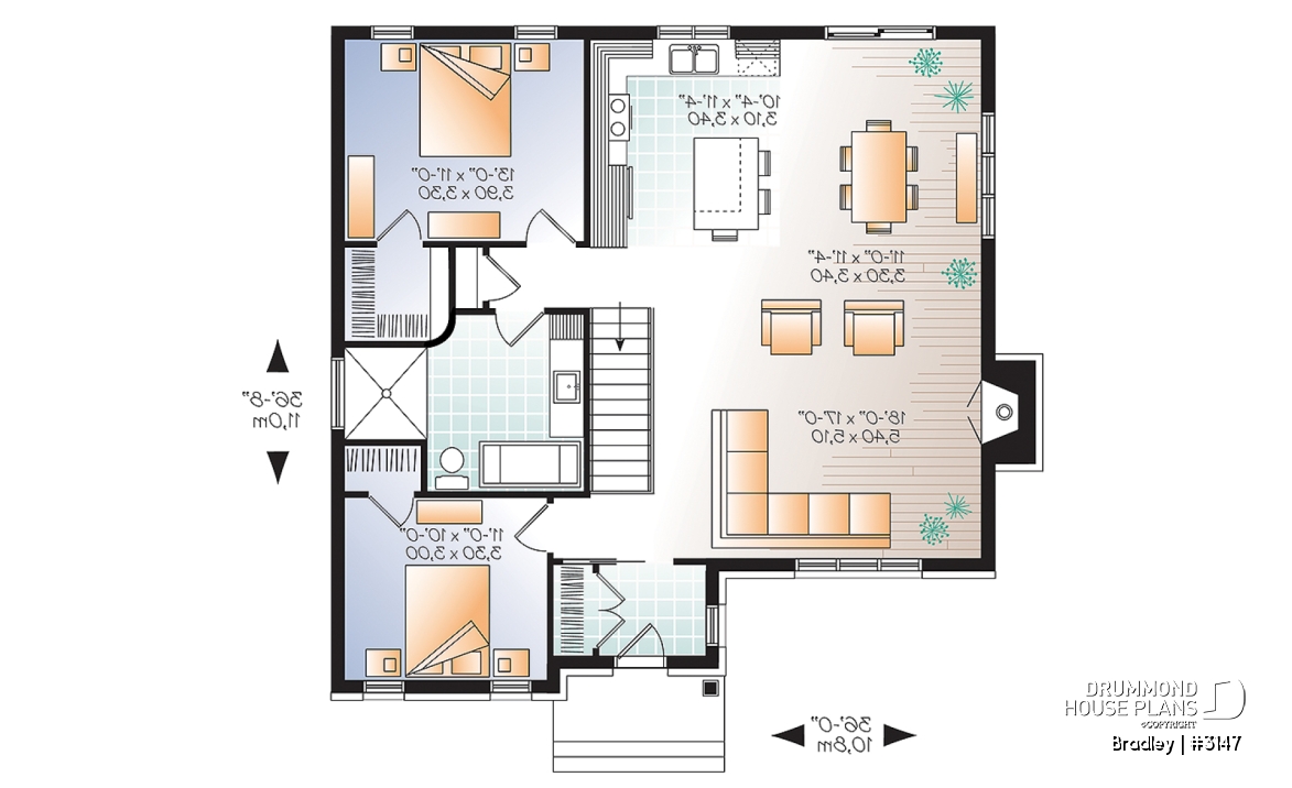 1st level - Small affordable modern ranch style house plan with open floor plan concept, kitchen island and fireplace - Bradley