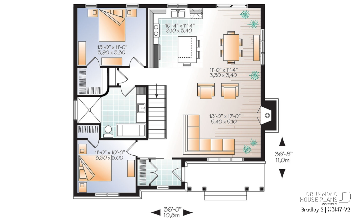 1st level - Transitional Bungalow house plan with open floor plan, large fireplace, kitchen island, large bathroom - Bradley 2