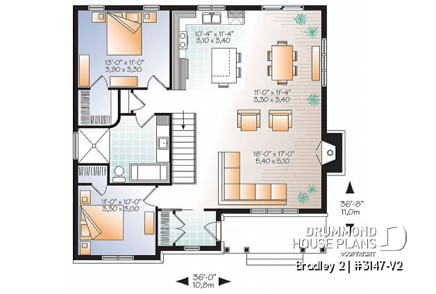 1st level - Transitional Bungalow house plan with open floor plan, large fireplace, kitchen island, large bathroom - Bradley 2