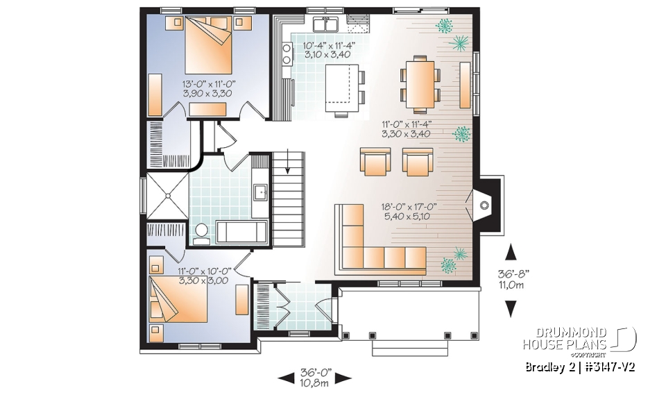 1st level - Transitional Bungalow house plan with open floor plan, large fireplace, kitchen island, large bathroom - Bradley 2