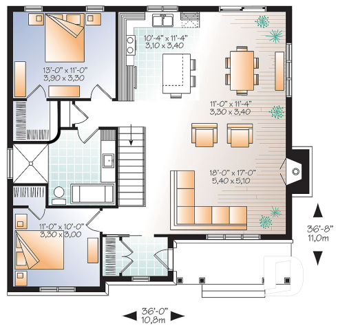 1st level - Transitional Bungalow house plan with open floor plan, large fireplace, kitchen island, large bathroom - Bradley 2