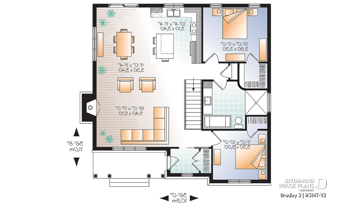 1st level - Transitional Bungalow house plan with open floor plan, large fireplace, kitchen island, large bathroom - Bradley 2