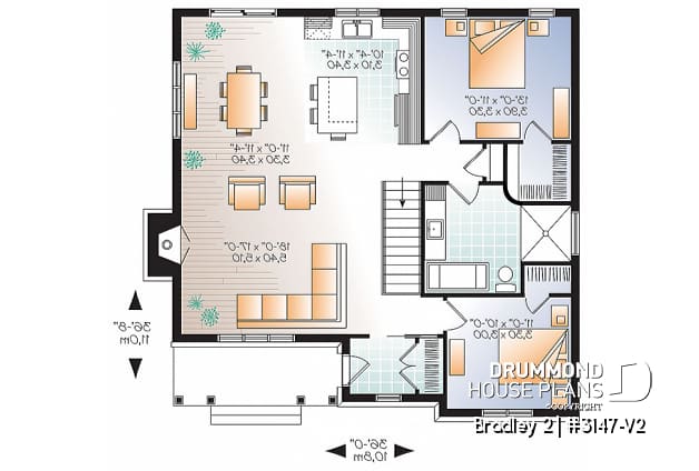 1st level - Transitional Bungalow house plan with open floor plan, large fireplace, kitchen island, large bathroom - Bradley 2