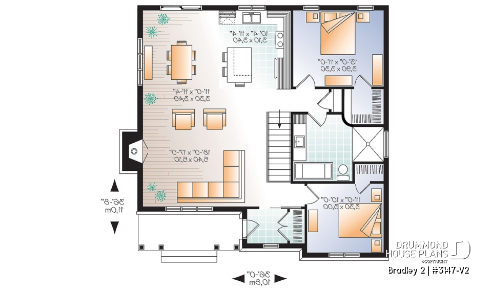 1st level - Transitional Bungalow house plan with open floor plan, large fireplace, kitchen island, large bathroom - Bradley 2
