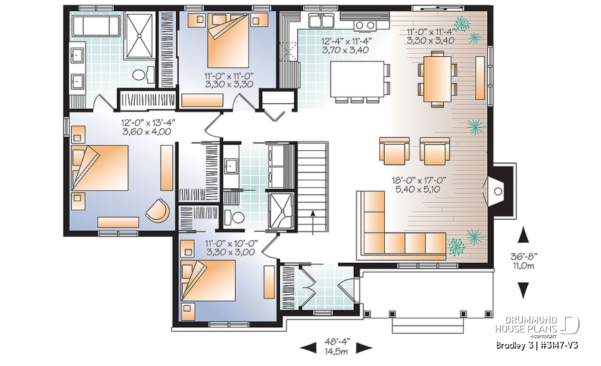 1st level - Great Traditional bungalow home plan with 3 bedrooms &amp; open floor plan and optionnal two-car detached garage  - Bradley 3