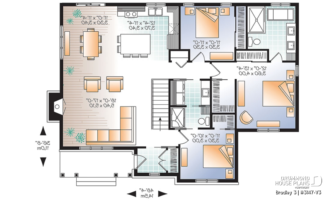 1st level - Great Traditional bungalow home plan with 3 bedrooms &amp; open floor plan and optionnal two-car detached garage  - Bradley 3
