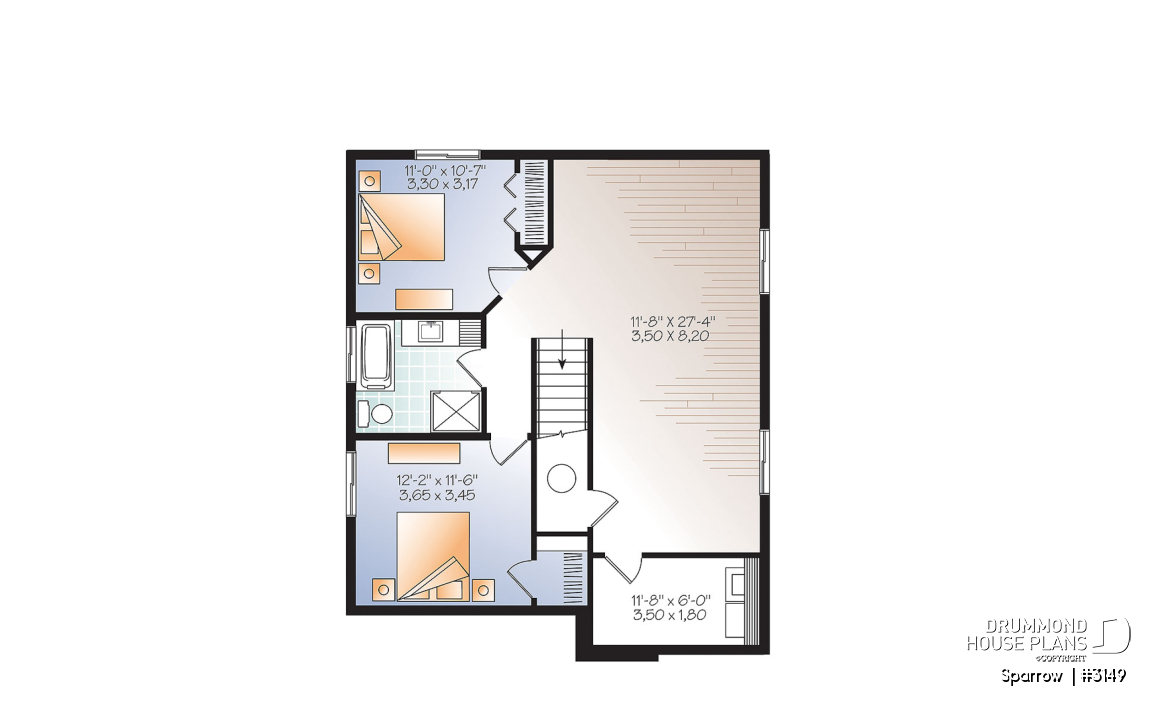 Finished basement (Optional $) - Affordable Modern house plan, finished basement (total 4 beds), 2 family rooms, walk-in pantry - Sparrow 