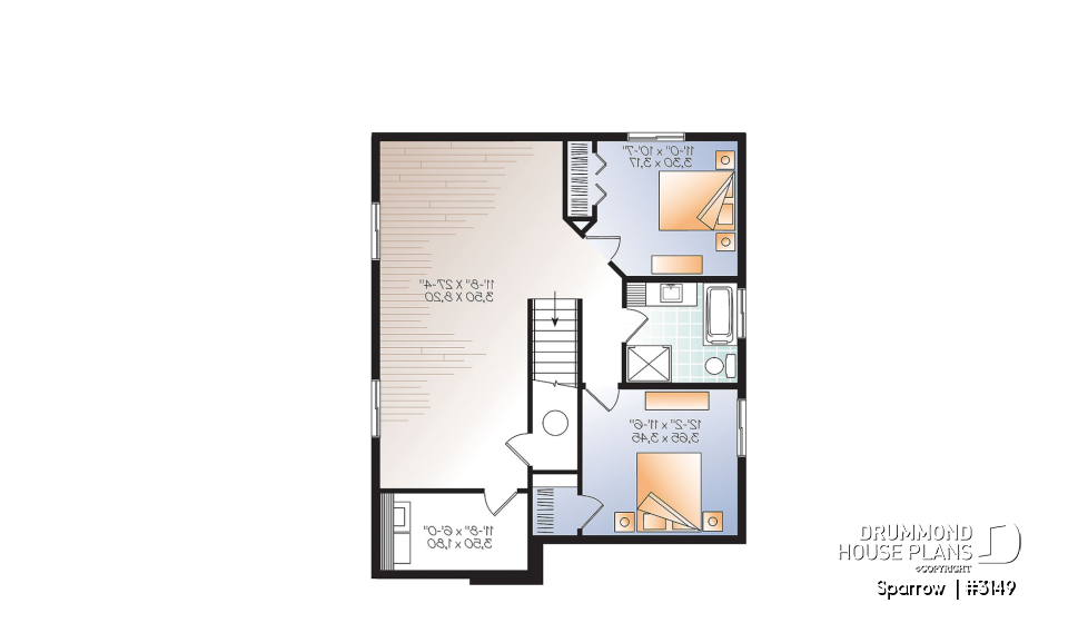 Finished basement (Optional $) - Affordable Modern house plan, finished basement (total 4 beds), 2 family rooms, walk-in pantry - Sparrow 