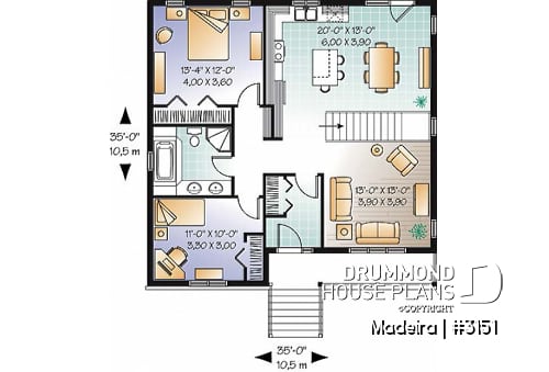 1st level - 2 to 5 bedrooms possible, beautiful modern ranch style house plan, laundry room, great front covered porch - Madeira