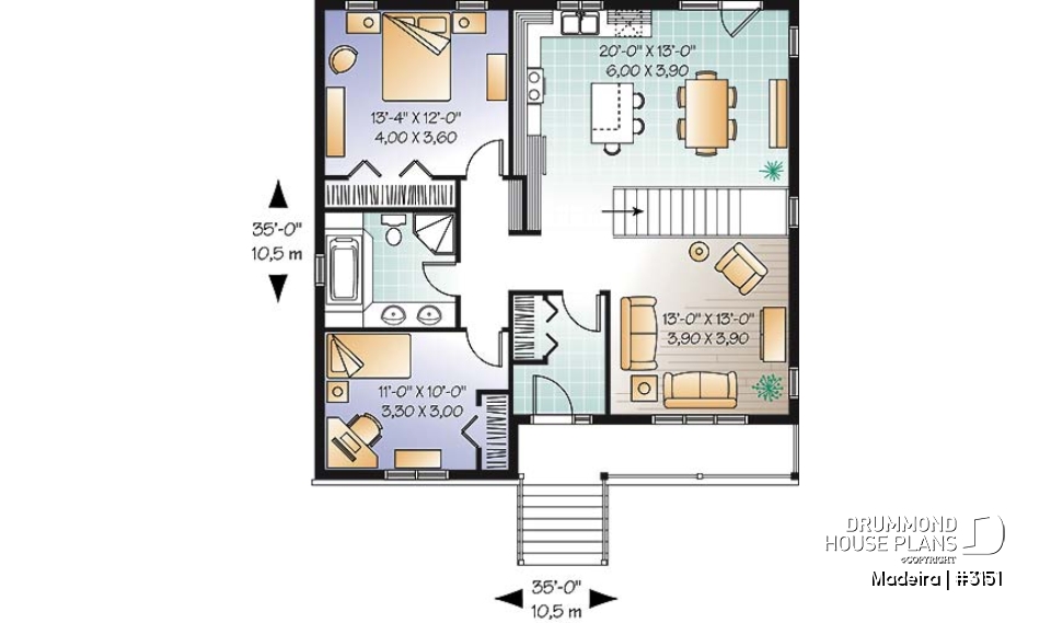 1st level - 2 to 5 bedrooms possible, beautiful modern ranch style house plan, laundry room, great front covered porch - Madeira