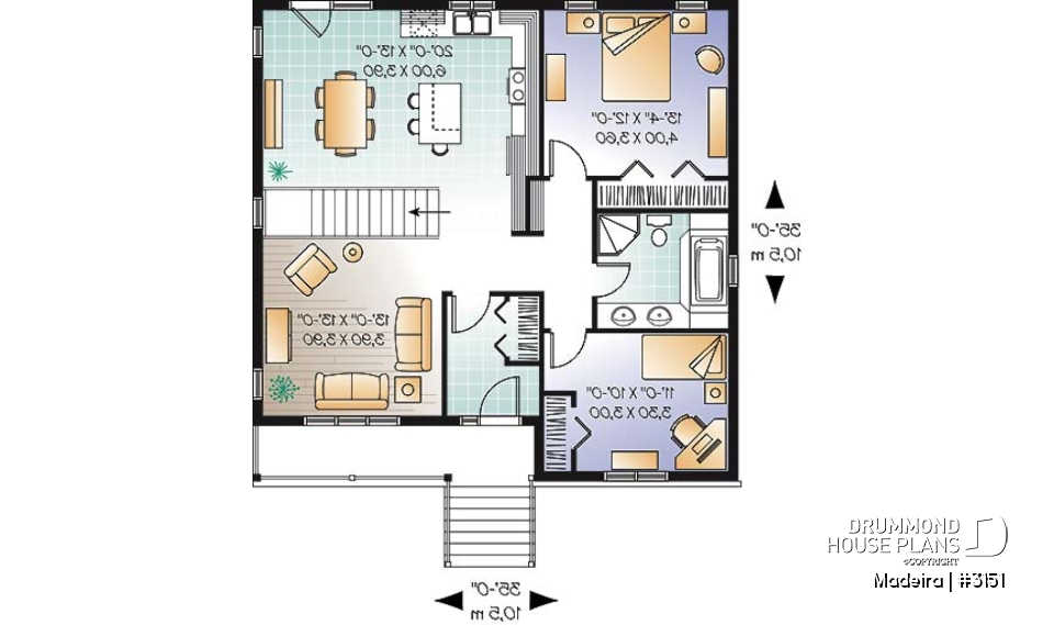 1st level - 2 to 5 bedrooms possible, beautiful modern ranch style house plan, laundry room, great front covered porch - Madeira