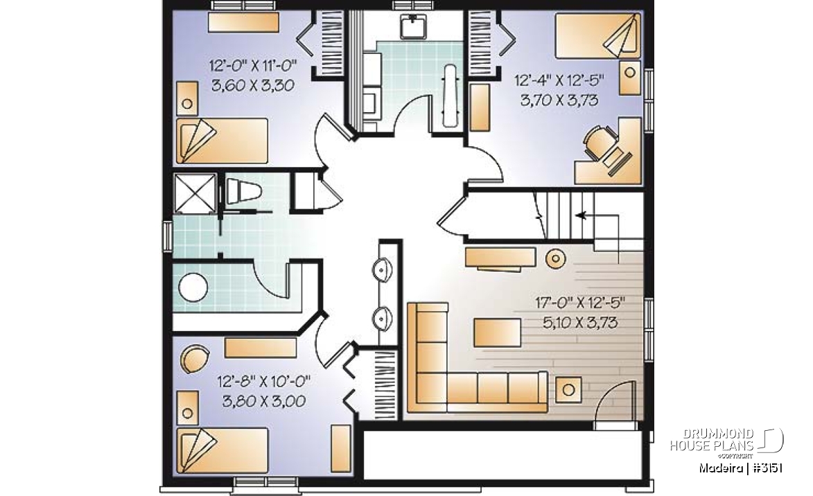 Basement - 2 to 5 bedrooms possible, beautiful modern ranch style house plan, laundry room, great front covered porch - Madeira