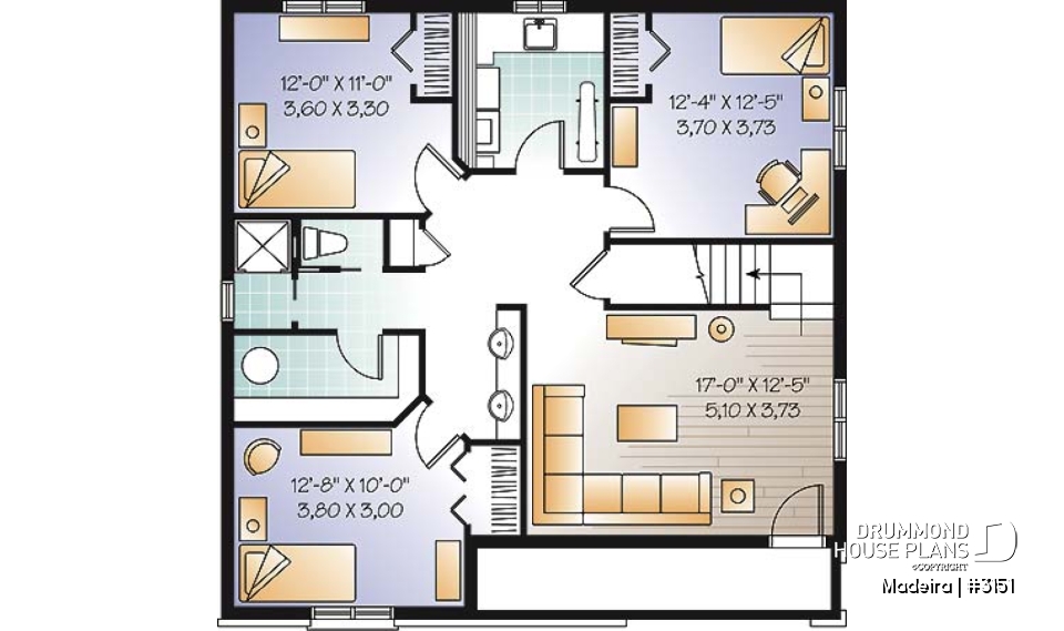 Basement - 2 to 5 bedrooms possible, beautiful modern ranch style house plan, laundry room, great front covered porch - Madeira