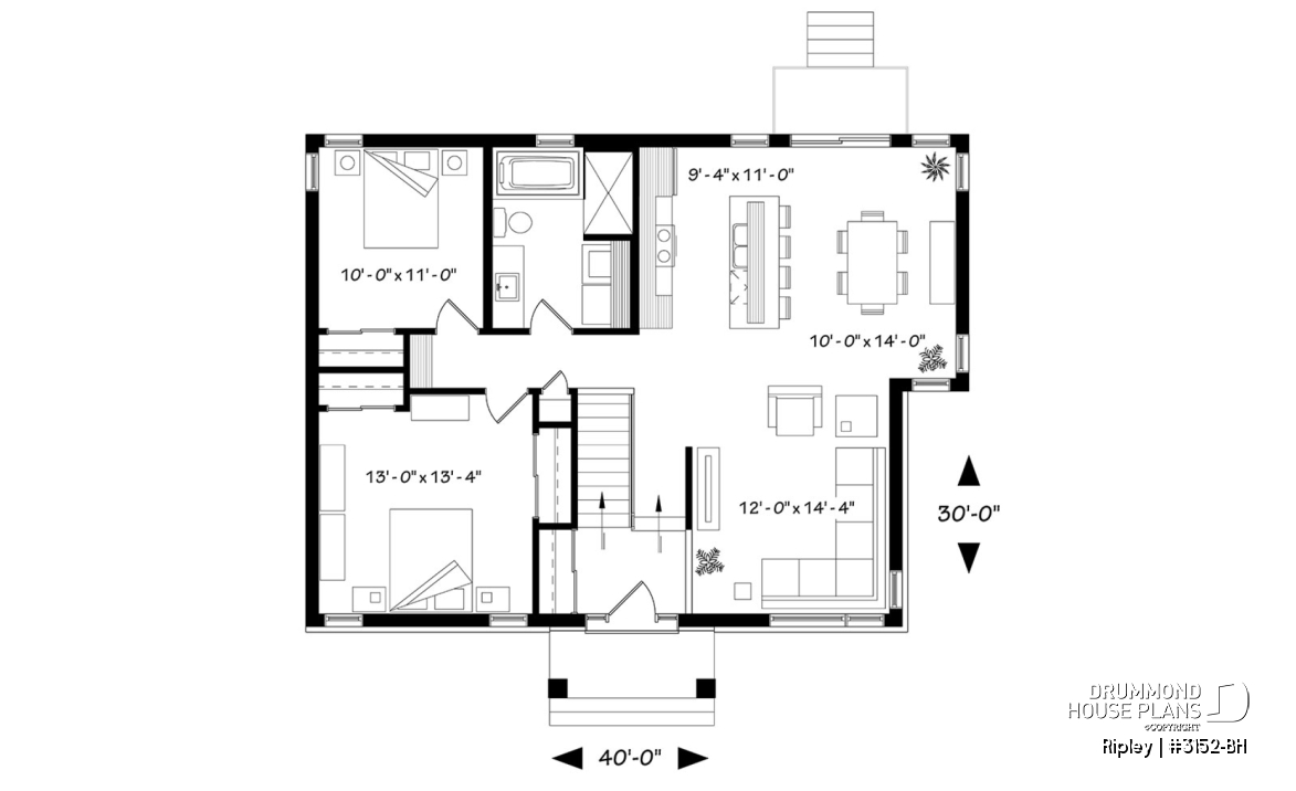 1st level - 2 bedroom Rustic Modern home plan, split entry, large kitchen island, large full bathroom - Ripley