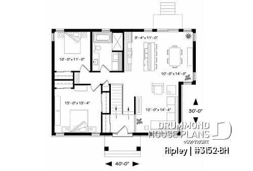 1st level - 2 bedroom Rustic Modern home plan, split entry, large kitchen island, large full bathroom - Ripley