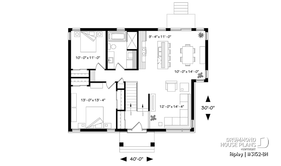 1st level - 2 bedroom Rustic Modern home plan, split entry, large kitchen island, large full bathroom - Ripley