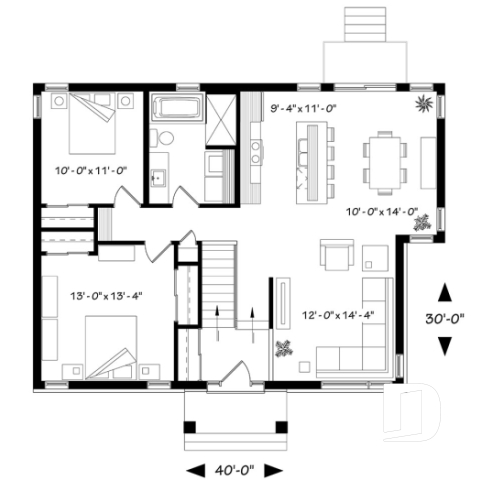 1st level - 2 bedroom Rustic Modern home plan, split entry, large kitchen island, large full bathroom - Ripley
