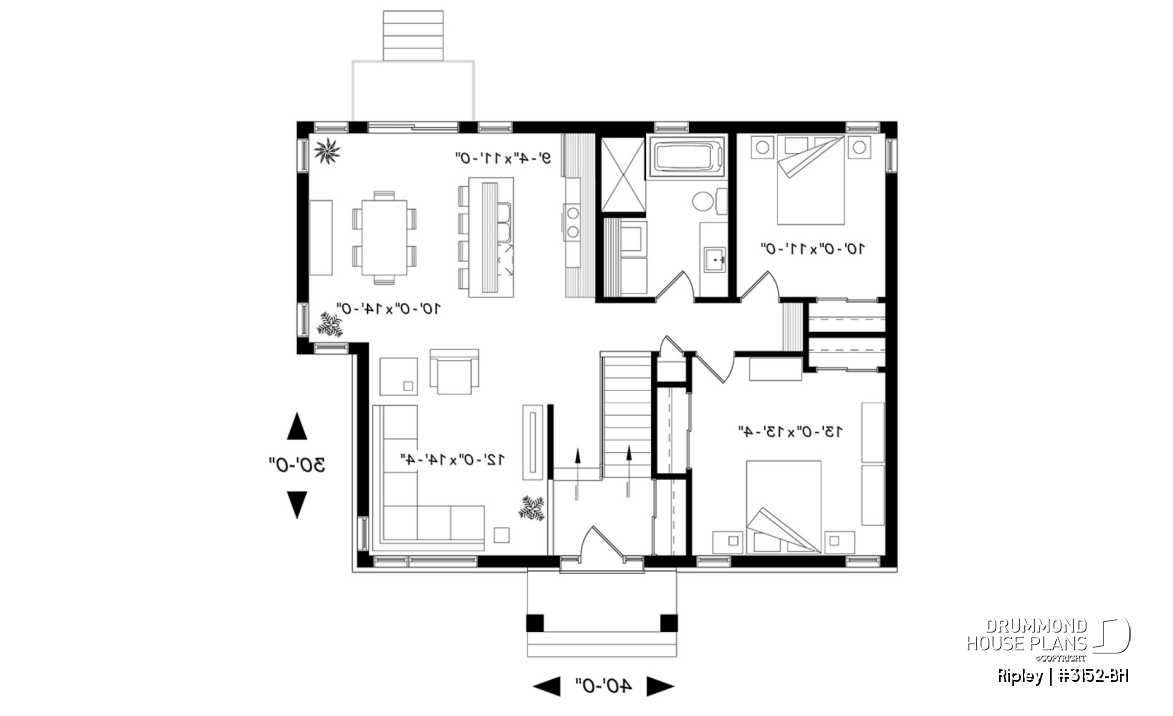 1st level - 2 bedroom Rustic Modern home plan, split entry, large kitchen island, large full bathroom - Ripley