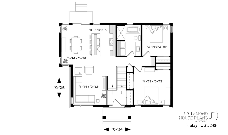 1st level - 2 bedroom Rustic Modern home plan, split entry, large kitchen island, large full bathroom - Ripley
