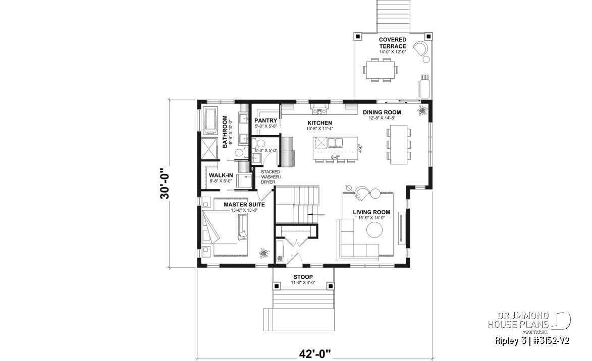 1st level - "Farmhouse bungalow house plan, master bedroom on the main floor, optional finished basement plan ($)" - Ripley 3