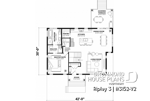 1st level - "Farmhouse bungalow house plan, master bedroom on the main floor, optional finished basement plan ($)" - Ripley 3