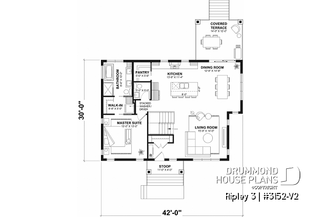 1st level - "Farmhouse bungalow house plan, master bedroom on the main floor, optional finished basement plan ($)" - Ripley 3