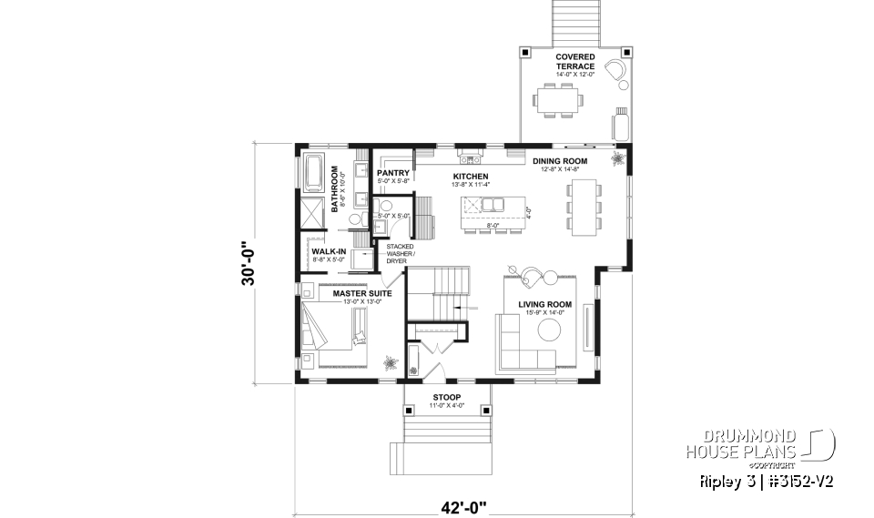 1st level - "Farmhouse bungalow house plan, master bedroom on the main floor, optional finished basement plan ($)" - Ripley 3