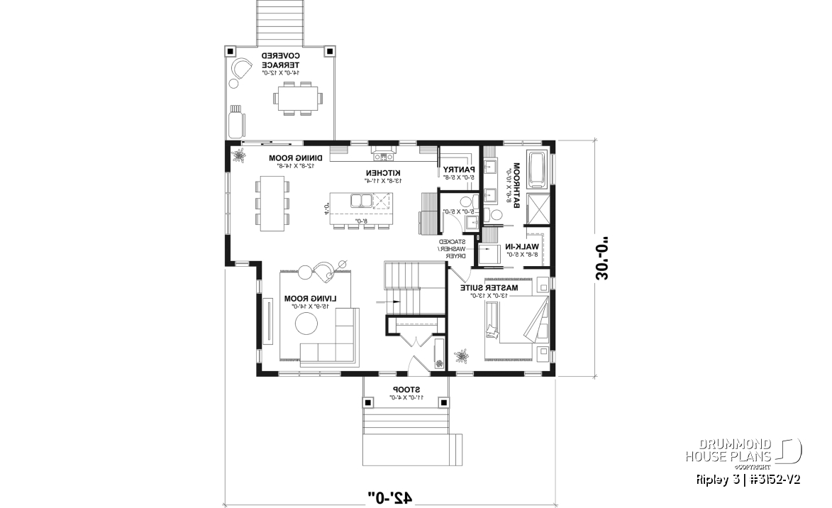 1st level - "Farmhouse bungalow house plan, master bedroom on the main floor, optional finished basement plan ($)" - Ripley 3